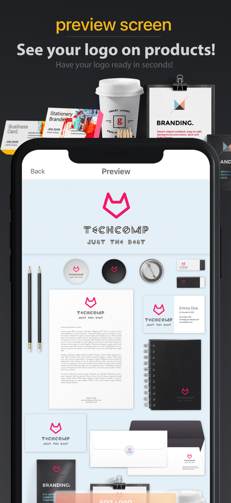 AI Logo Generator-Design Maker - 名刺、レターヘッド、オフィス用品に表示されるAI生成ロゴのプレビュー