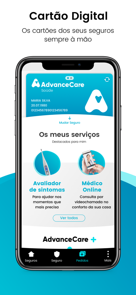 Interfaz de la aplicación móvil myAdvanceCare con una tarjeta de seguro de salud digital y acceso a servicios médicos en línea