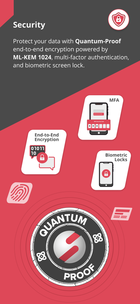 NetSfere Secure Messaging - NetSfere security features highlighting quantum-proof encryption and multi-factor authentication
