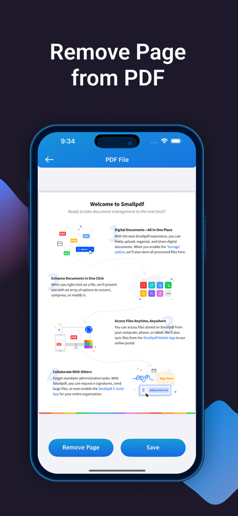 PDF圧縮アプリでPDFドキュメントからページを削除する機能を示すスマートフォン画面