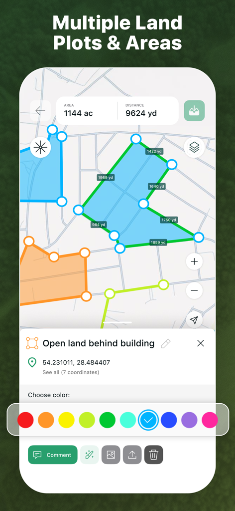 Una interfaz de mapa que muestra múltiples parcelas de terreno medidas en diferentes colores con detalles de área y distancia.