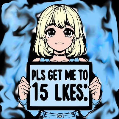 realistic girl holding up a sign that says “pls get me to 15 likes!”