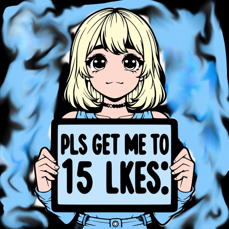 realistic girl holding up a sign that says “pls get me to 15 likes!”