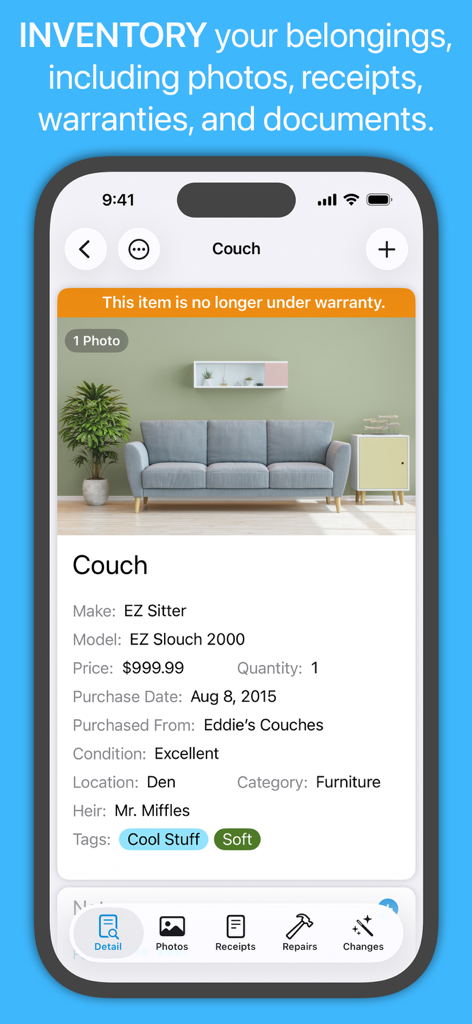 Under My Roof Home Inventory + - A detailed item record for a couch in the Under My Roof app showing purchase price, date, condition, and location details.