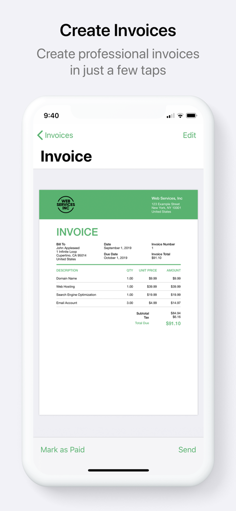 Invoice Maker: PDF Generator - A professional business invoice displayed on a mobile phone using the Invoice Maker app.