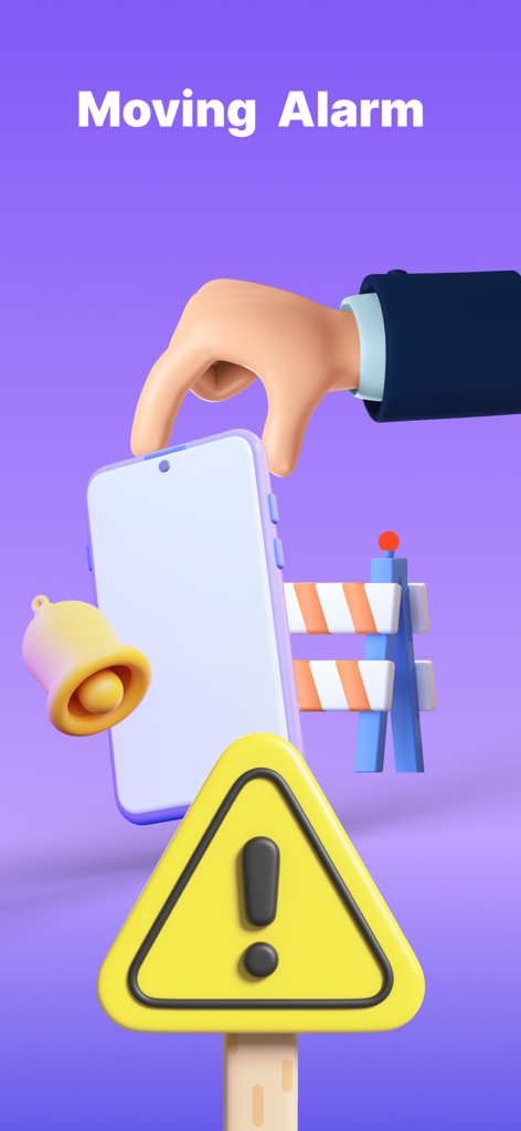 ClapRing: Find Phone By Clap - A 3D graphic showing a hand reaching for a phone with a warning sign and a ringing bell illustrating the moving alarm feature