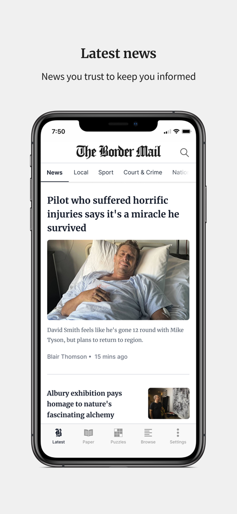 Interface do aplicativo móvel The Border Mail mostrando as últimas notícias locais e menu de navegação em um iPhone.