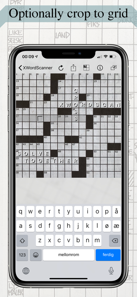 Mobile app interface showing a scanned crossword puzzle grid