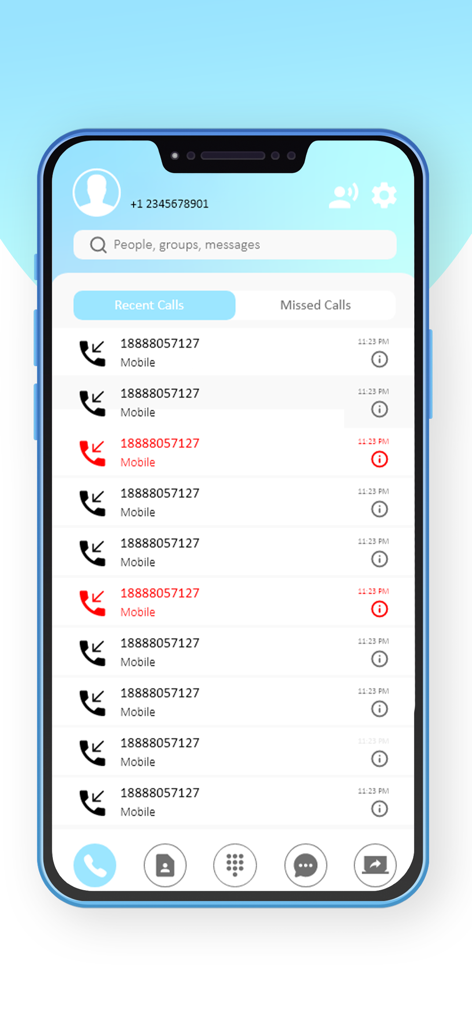 Call AI - Pantalla de historial de llamadas recientes en la aplicación móvil Call AI que muestra llamadas entrantes y perdidas.