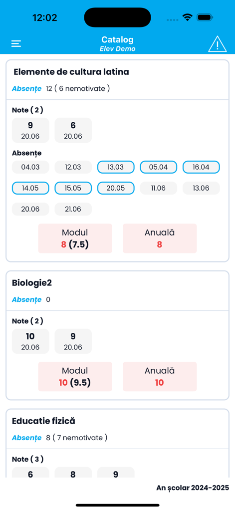 Interface of the 24edu app displaying a student catalog with grades and absences for various school subjects