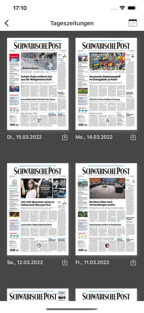 Una vista a griglia che mostra le copertine dei giornali digitali della Schwaebische Post con icone di download e date di pubblicazione