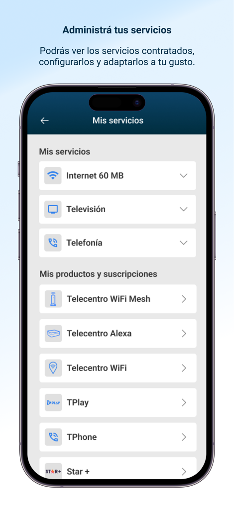 Telecentro Sucursal Virtual - Interface of the Telecentro Sucursal Virtual app showing sections for managing internet television and phone services