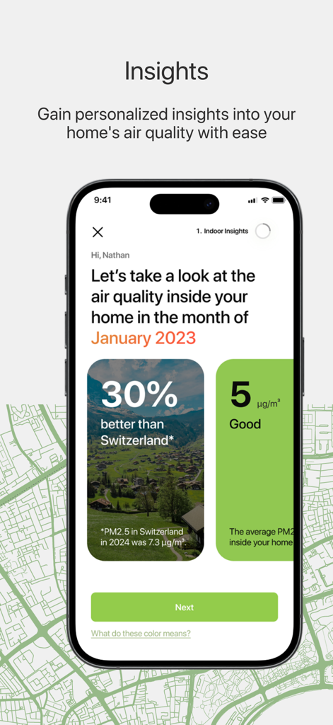 Smartphone screen displaying indoor air quality insights and PM2.5 levels compared to Switzerland's average.