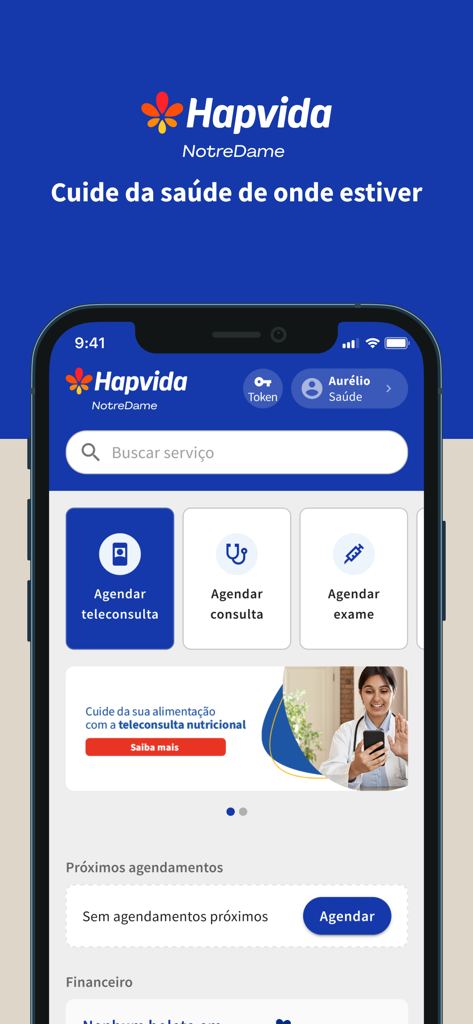 Hapvida NotreDame - Pantalla de inicio de la aplicación móvil Hapvida NotreDame que muestra opciones de programación médica y teleconsulta