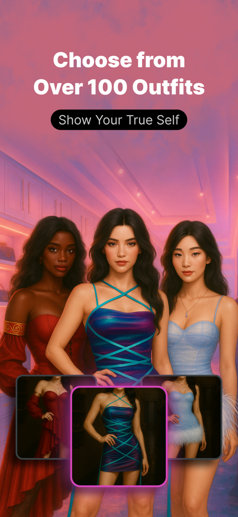 Tres elegantes personajes femeninos con vestidos chic mostrando la personalización de personajes y más de 100 atuendos en el juego Lovel