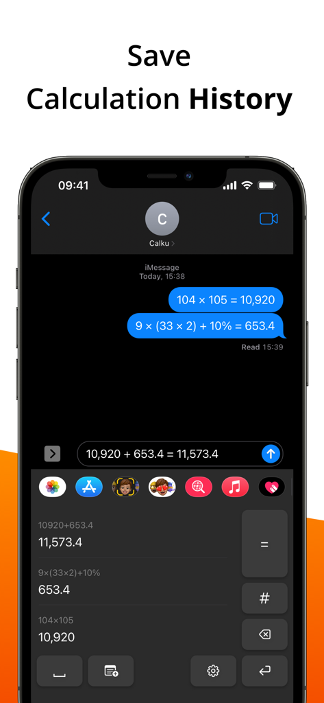 Calculator Keyboard - Calku - Calku keyboard displaying a list of previous calculation results in a chat window