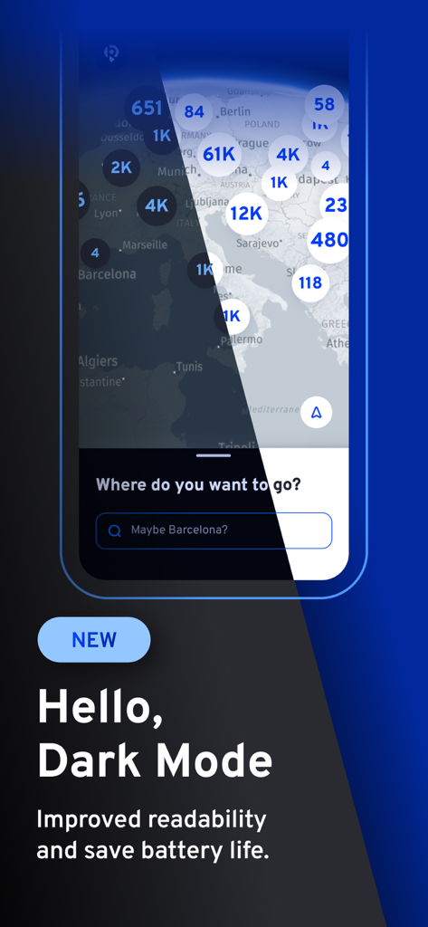 ElectricRoutes - ElectricRoutes app interface showing the new dark mode feature for improved readability and battery life on a navigation map