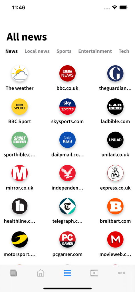 A grid of popular UK news source icons like BBC News, The Guardian, and Sky Sports within the Breaking News app.