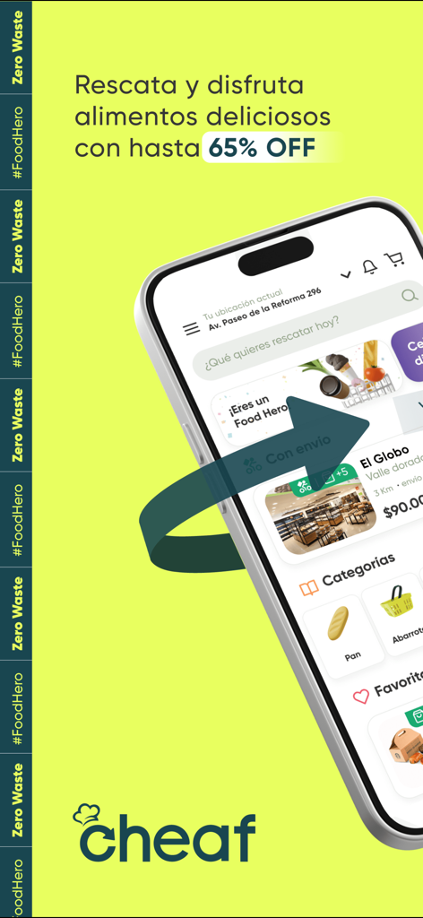 Cheaf app interface on a smartphone showing 65 percent discounts on food rescue