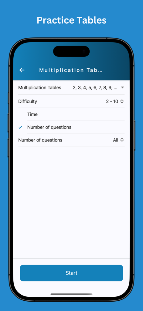 Math Workout - Brain training - Interface para configurar a prática da tabuada incluindo níveis de dificuldade e número de perguntas.