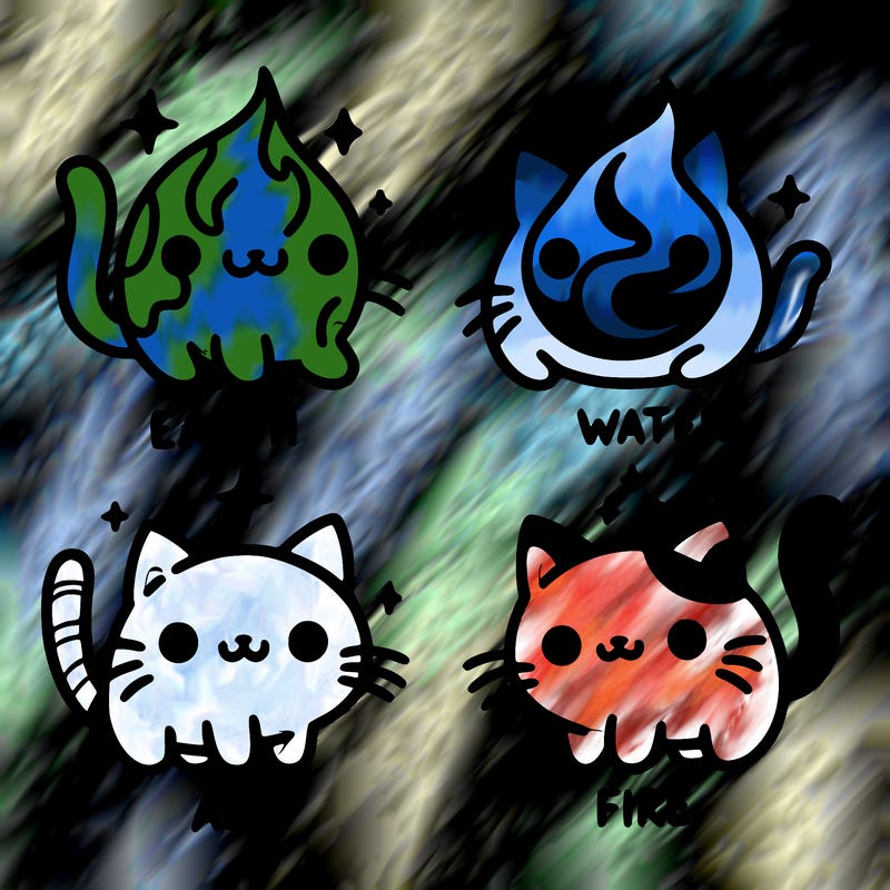4 cats that represent the different elements, earth, water, air, and fire