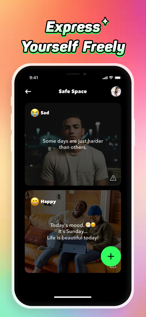 Lazzi: Video & Private Chat - Interface of the Lazzi app showing user mood updates in a designated safe space