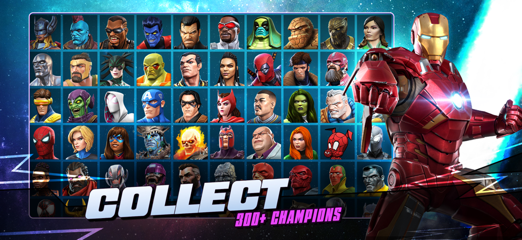 Grid of Marvel Super Hero and Villain icons from Marvel Contest of Champions with Iron Man and text saying Collect 300 plus Champions