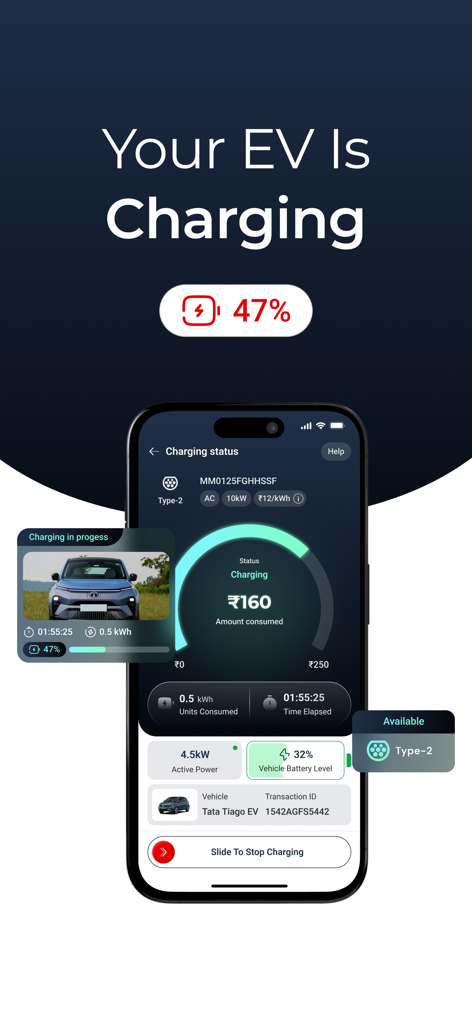 1C EV Charging - App-Bildschirm zeigt den Echtzeit-Ladezustand von Elektrofahrzeugen und den Batteriestand an