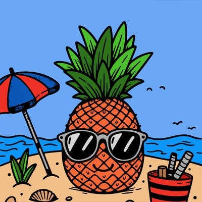 a pineapple wearing sunglasses at the beach