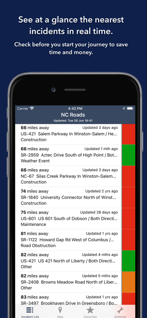 Real-time traffic incident list on North Carolina roads showing distances and road conditions.