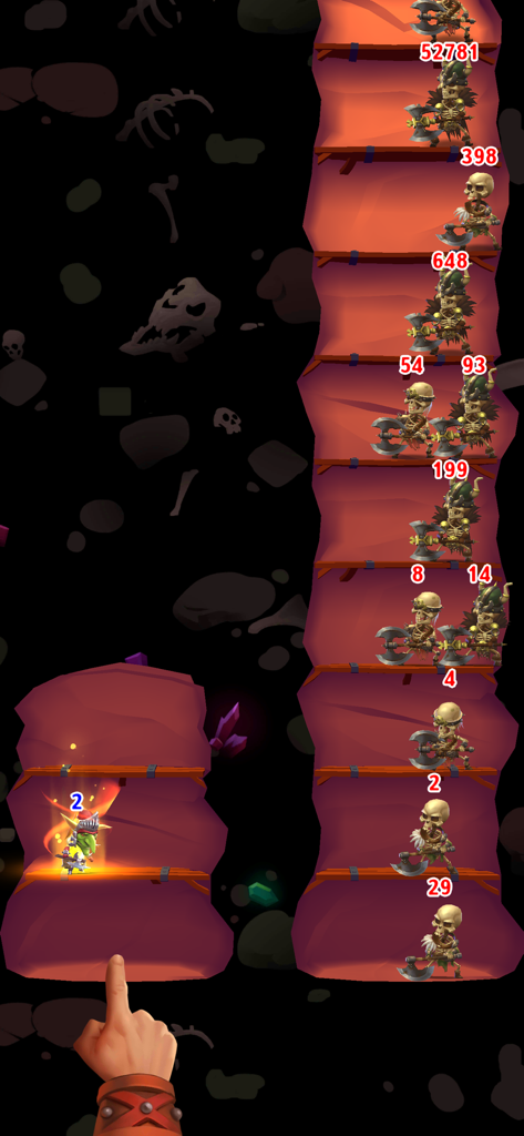 Dungeon Crusher AFK Heroesで、複数のレベルでスケルトン敵と戦うヒーロー