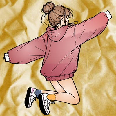 realistic girl jumping with a bun and oversized sweatshirt