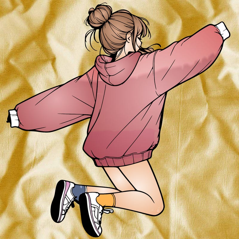 realistic girl jumping with a bun and oversized sweatshirt