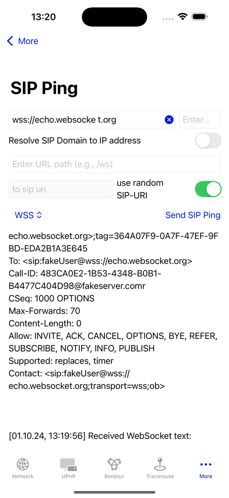 NetTools Pro App-Bildschirm mit dem SIP-Ping-Diagnosetool, technischen Netzwerkdaten und Verbindungseinstellungen