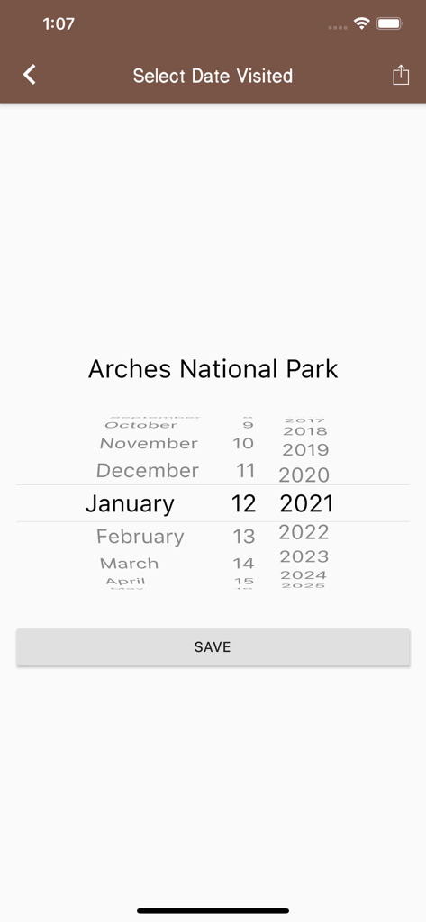 National Parks Tracker - A screen in the National Parks Tracker app showing a date picker to record a visit to Arches National Park