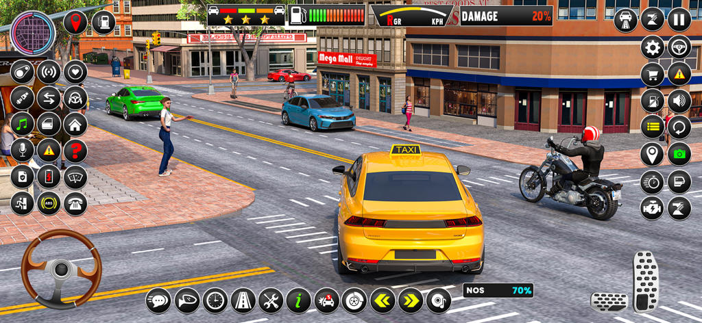 Russian Taxi Driving Simulator - Captura de pantalla del juego de un taxi amarillo conduciendo por una calle de la ciudad con controles de juego móvil en pantalla.
