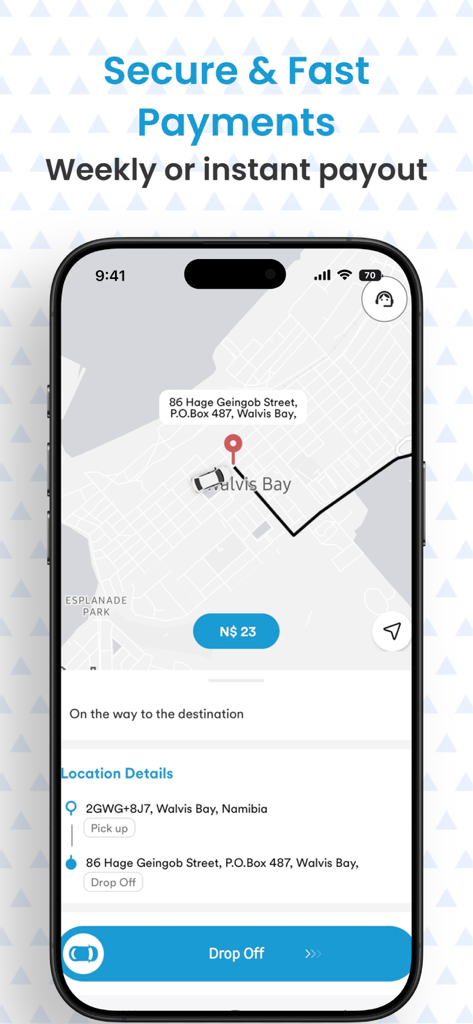 YetuYene Driver - YetuYene Driver app screen displaying trip progress on a map with secure payment and instant payout information.