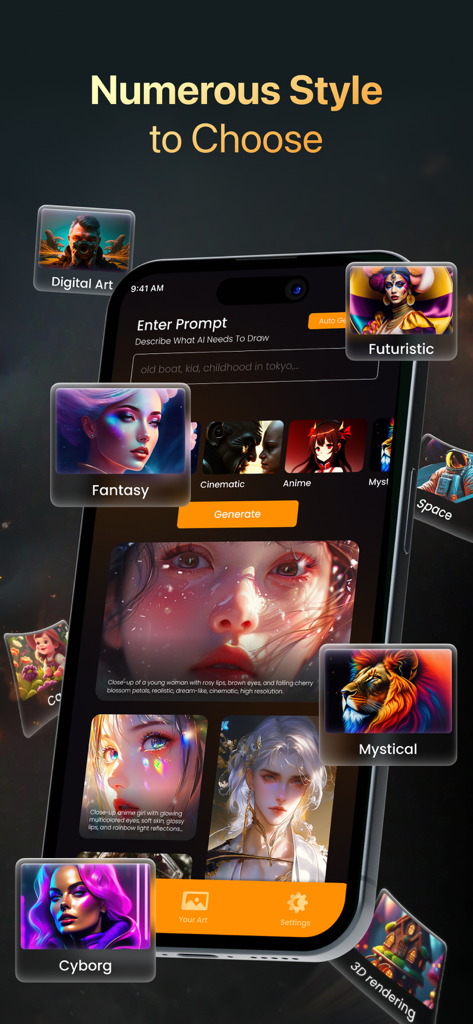 Smartphone screen displaying various AI art styles in the Dall E app interface