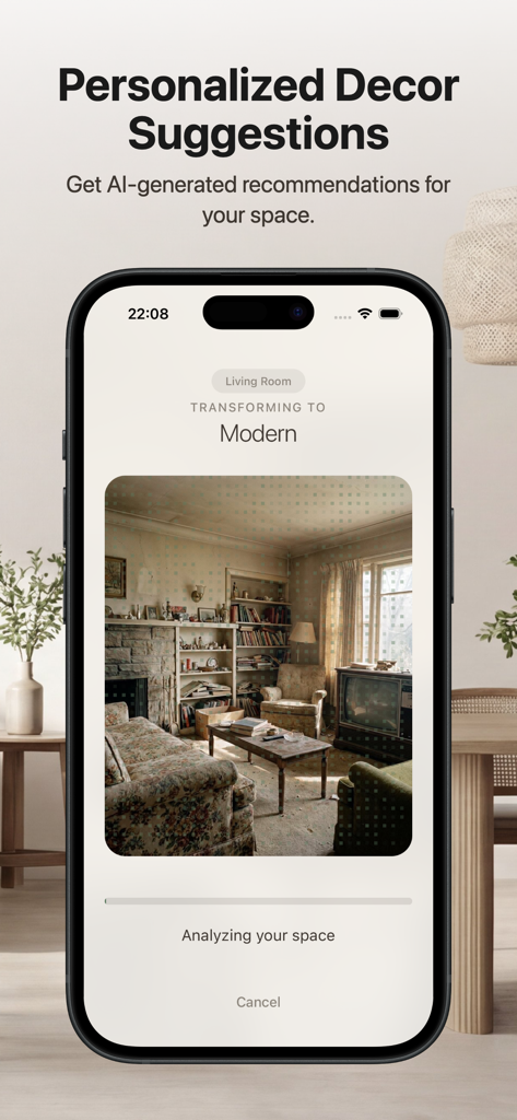 DecorHome AI app interface showing personalized decor suggestions and room analysis