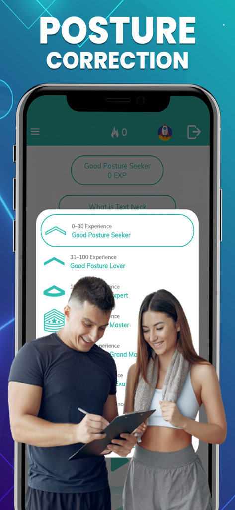 姿勢改善アプリのインターフェース。男性と女性のフィットネスイラストでユーザーの進捗レベルを示す