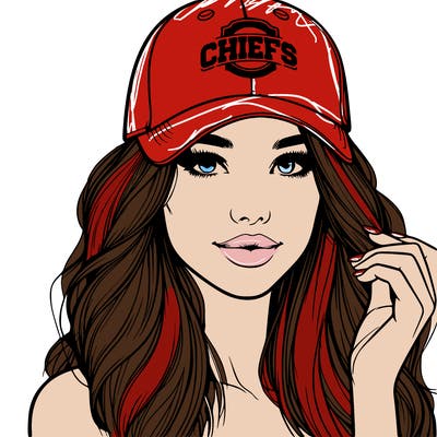 realistic beautiful girl wearing sports hat that says “chiefs”