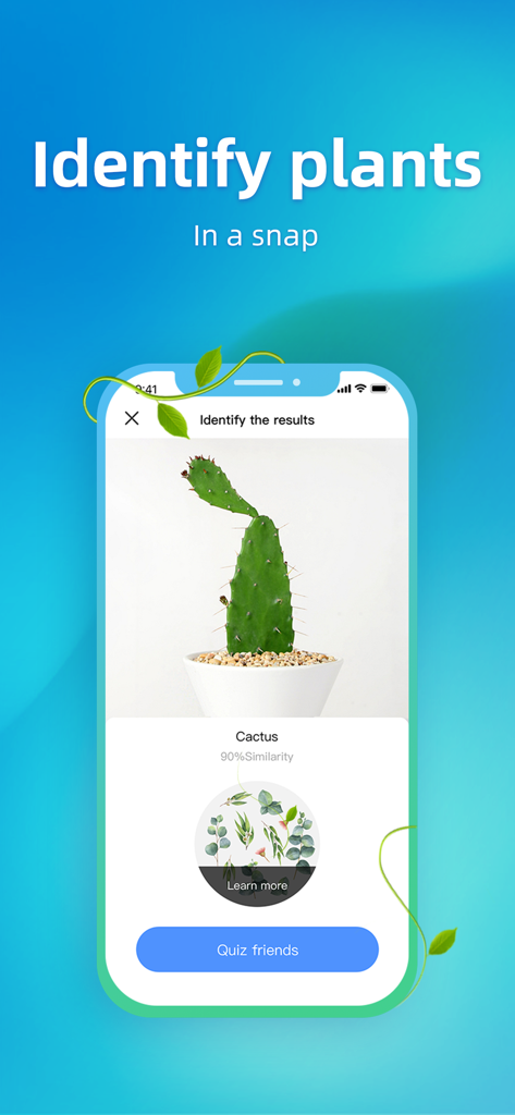 FP Scanner App-Oberfläche, die ein Pflanzenerkennungsergebnis für einen Kaktus mit 90 Prozent Ähnlichkeit zeigt