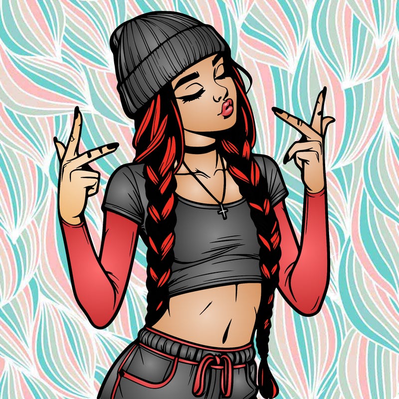 realistic teenage girl with braids and a beanie and crop top doing 🫶🏼