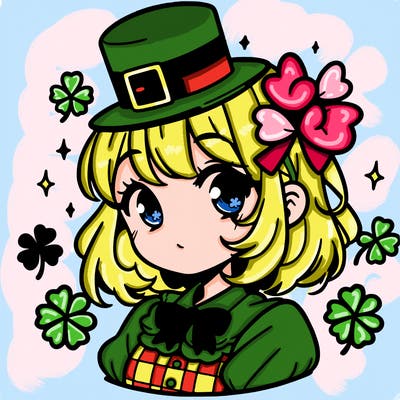 a manga-style girl with clovers around her, a little hat in her hair, like it's saint patrick's day