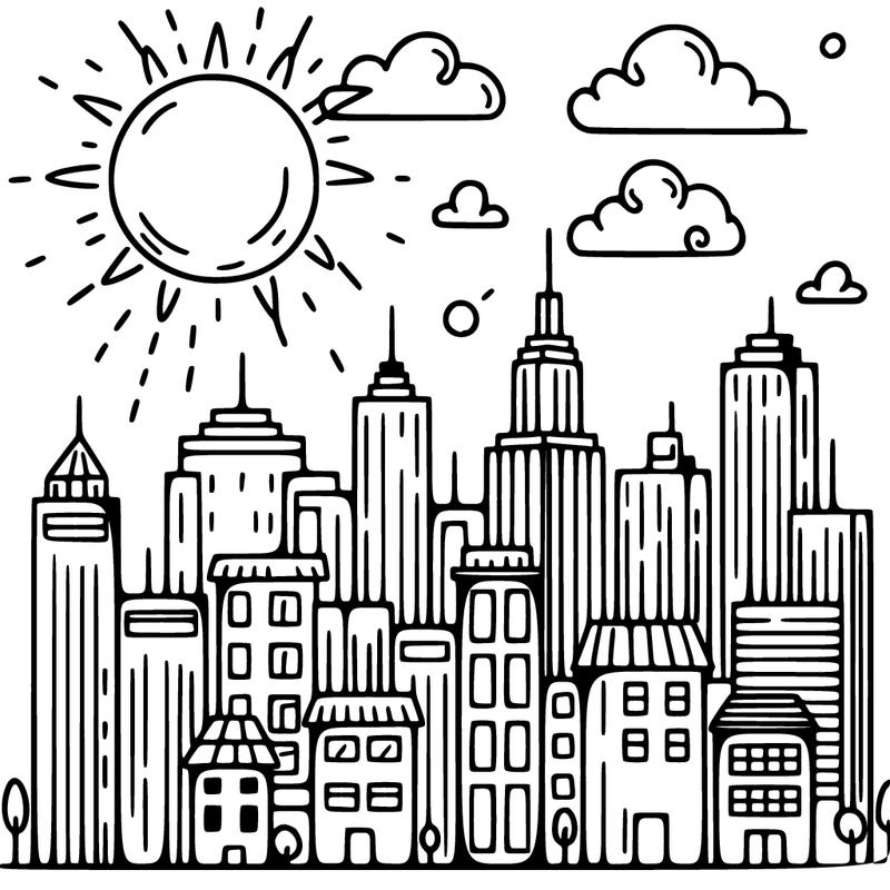 city skyline with sun shining brightly