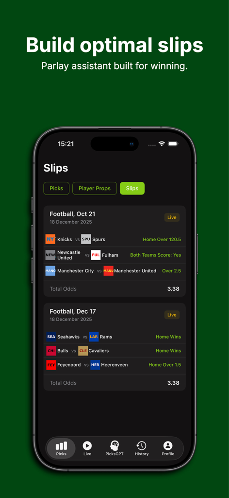 AI Powered Picks - Heatpicks - Interfaz de la aplicación móvil Heatpicks que muestra boletos de parlay de apuestas deportivas optimizados por IA con cuotas.