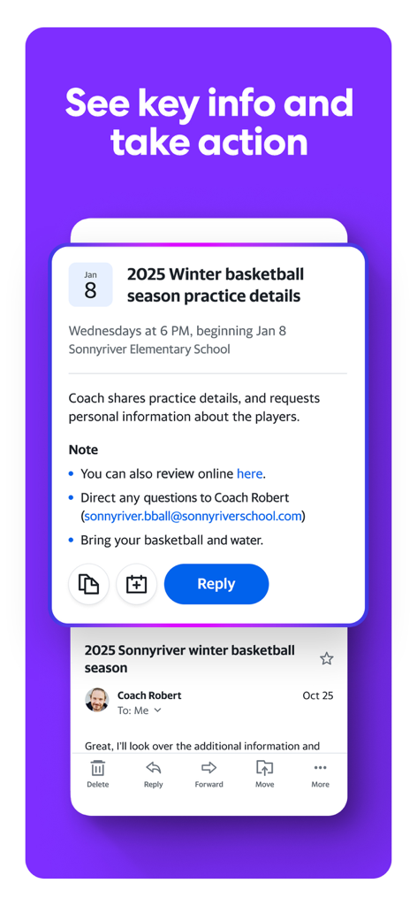 Yahoo Mail app interface showing a summarized basketball practice email with a reply button.