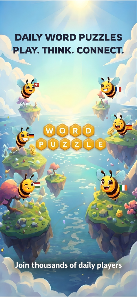 Beehive: Word Puzzle Challenge - Bunte Illustration von Bienen mit internationalen Flaggen, die sechseckige Worträtsel-Kacheln über schwebenden Inseln umgeben.