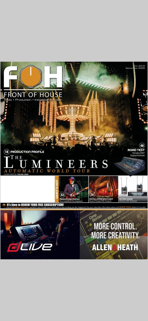 FRONT of HOUSE (FOH) Magazine - Cover des Front of House Magazins mit der Tournee von The Lumineers und Bewertungen von Live-Sound-Ausrüstung.