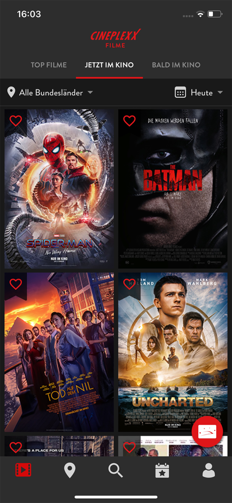 Interface de l'application Cineplexx AT montrant une sélection d'affiches de films actuellement au cinéma, y compris Spider Man et The Batman